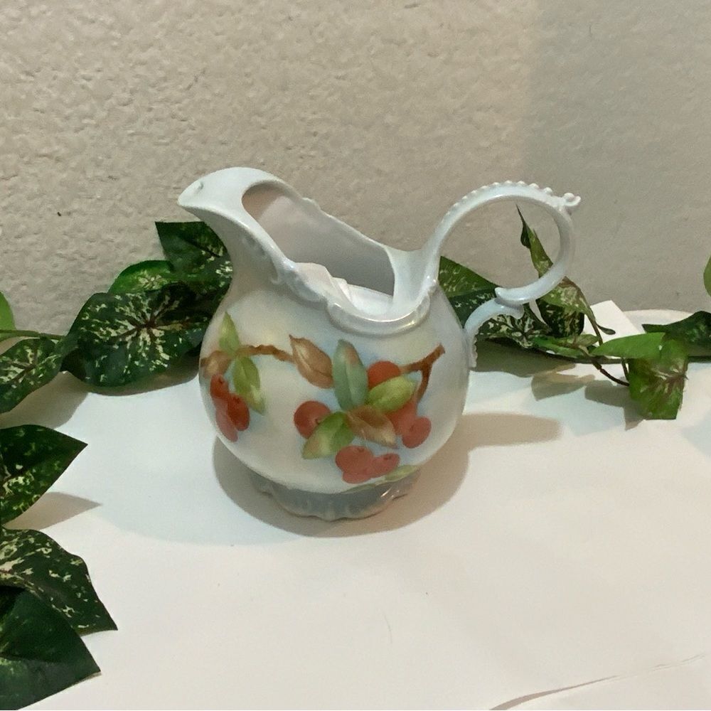 Vintage Porcelain Hand Painted Flowers & Strawberries 6.25 in Pitcher Signed
